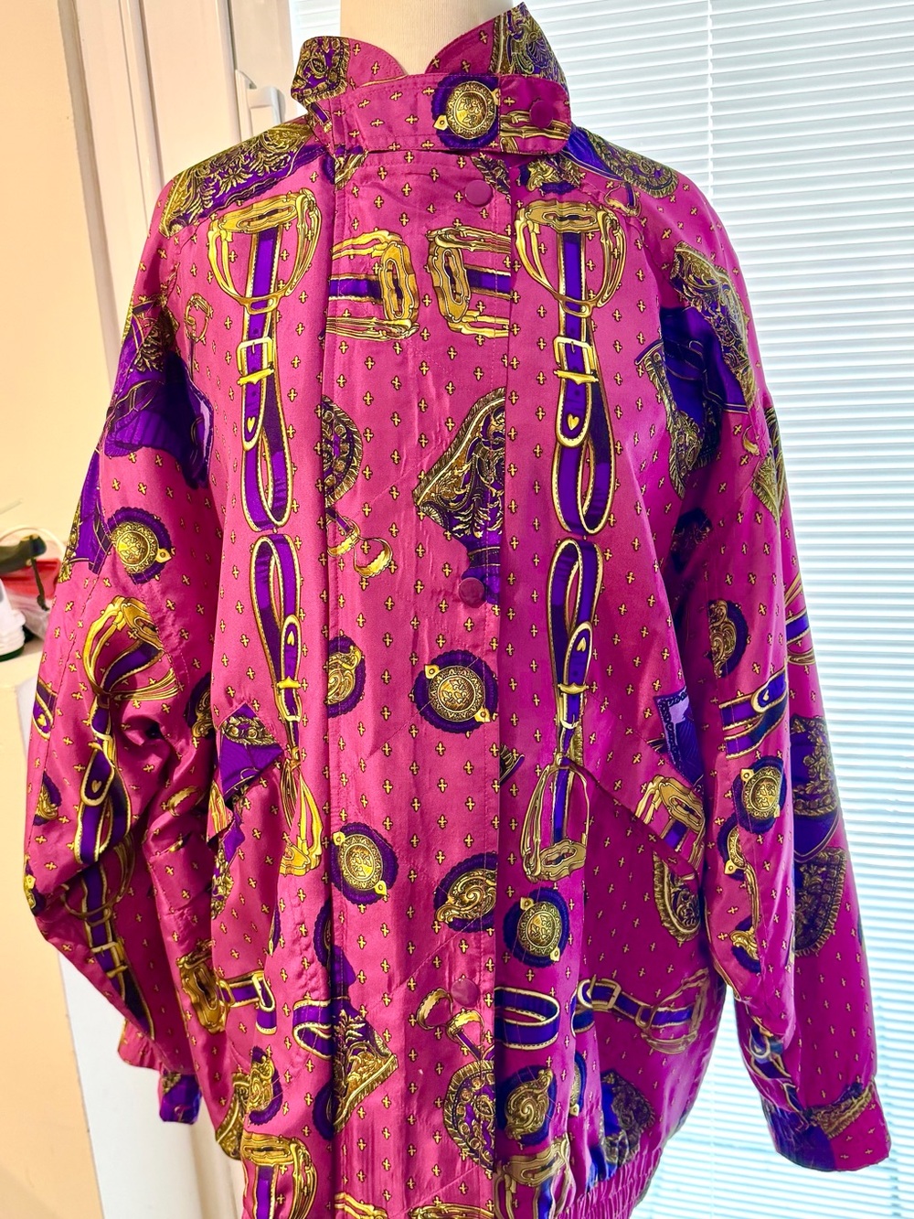 Vintage Regina Porter Women's Pink Purple Equestrian-Print Bomber Jacket Small - Picture 1 of 13